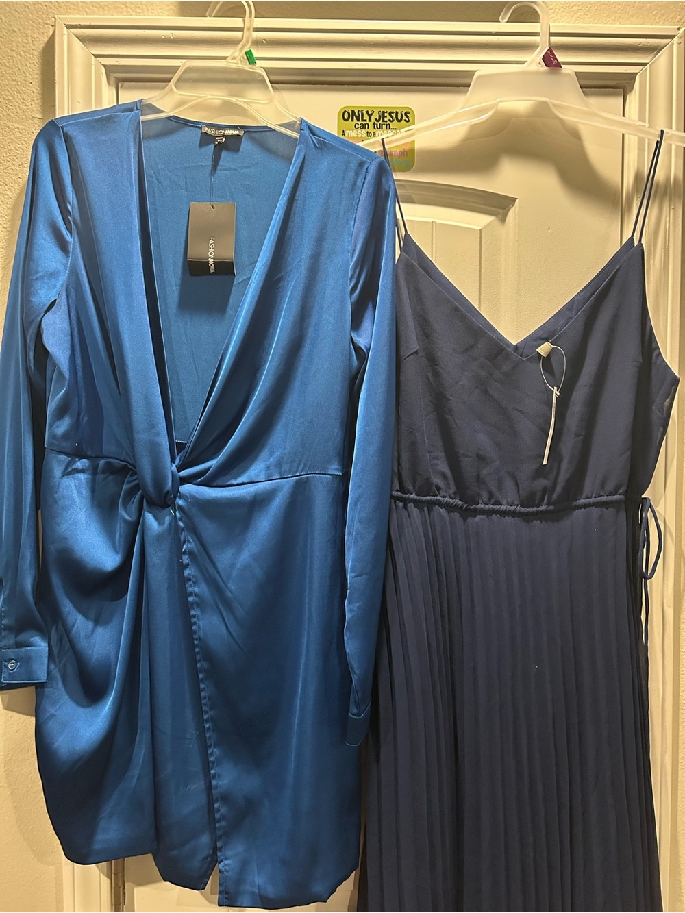 Fashion Nova Royal Blue Satin Twist Long Sleeve Dress